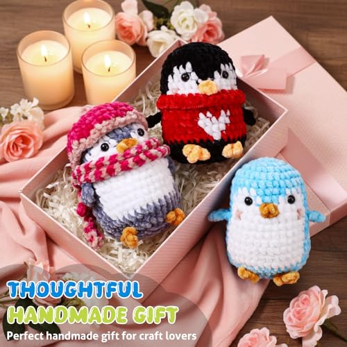 XunYee 3 Pcs Little Penguins Crochet Kit DIY Amigurumi Set Chenille Yarn Crochet Kit for Beginners with Complete Tools Step-by-Step Pattern Craft Gift for Adults - style: Penguin