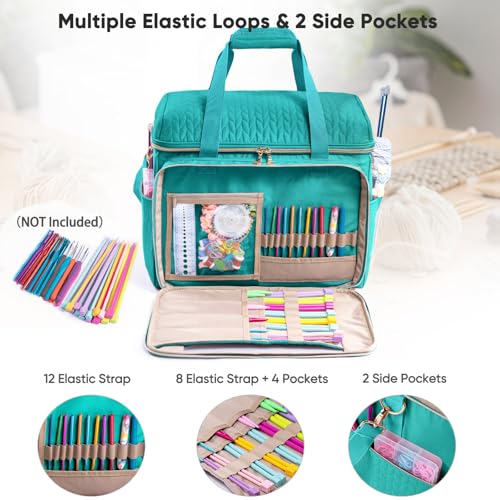 MYBAGZING Large Yarn Storage Bag,Crochet Bag Organizer,Yarn Bags for Crocheting,Crochet Storage Bag with Pockets for Crochet Hooks, Crochet Accessories,Knitting Bags,Gifts for Crocheters - color: Teal, size: Large