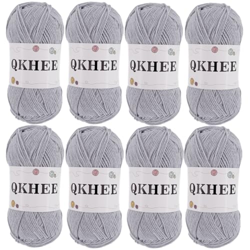 QKHEEYarn for Crocheting and Knitting 8 * 1.76 Oz (50G) /195yd, Fine/Fingering Weight (1), 60% Cotton 40% Acrylic Soft Yarn kit for Making Granny Squares and amigurumi (Light Gray) - color: Light Gray