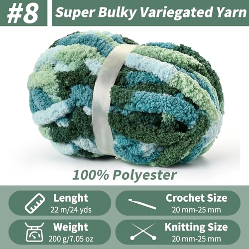Chunky Jumbo Chenille Yarn Multicolor 10 Pack | 2000g/240yds Super Bulky Baby Soft Yarn for Hand Knitting Fluffy Chunky Knit Throw Blanket Yarn - color: Tea-Mint-Green