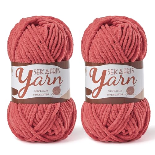 2 Pack Fluffy Velvet Yarn for Crocheting，Baby Blanket Yarn for Crocheting Soft，100g(131yds) Amigurumi Yarns，Plush Chenille Crochet Yarns，Puzzle Yarn for Crochet Weaving Craft(2 Watermelon Red) - color: 2 Watermelon Red