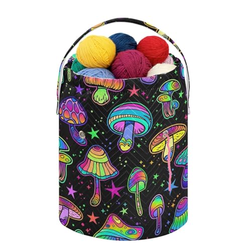 Fustylead Colorful Psychedelic Mushrooms Yarn Knitting Crochet Drawstring Bag with Customized Front Compartment, Portable Large Storage Basket for Crocheting Project, Kit, Yarn Ball, Needles - color: Black5 Psychedelic Mushroom