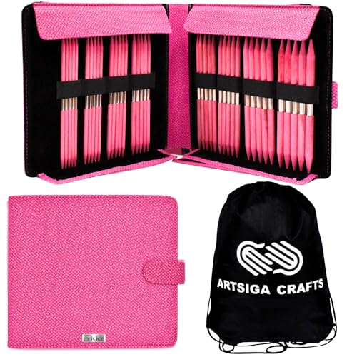 Lykke Blush Large 6-inch DPN Knitting Needles Set | Large US 6, 7, 8, 9, 10, 10.5, 11, 13 Magenta Case, Birchwood Semi-Sharp Tips, Project Bag - color: Blush-with-Magenta-Case