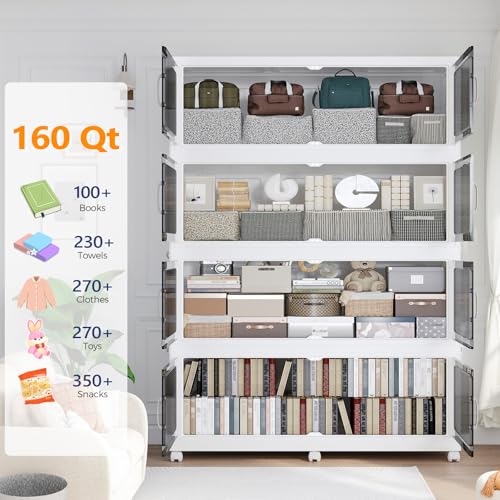 160Gal Extra Large Stackable Storage Bins with Lid, 640QT Foldable Collapsible Storage Box with Doors & Wheels, Plastic Organizer for Bedroom Kitchen Garage Dorm, 4Pack - size: 40Gal-4Pack
