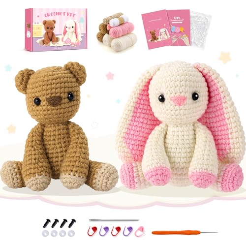 Bunny and Bear Crochet Kit for Beginners 2PCS Crochet Starter Kit for Adult | Beginner Crochet Kit with Step-by-Step Video Tutorials, Bunny Crocheting Kit, Animal Knitting Kit for Birthday - color: Pink Rabbit Brown Bear