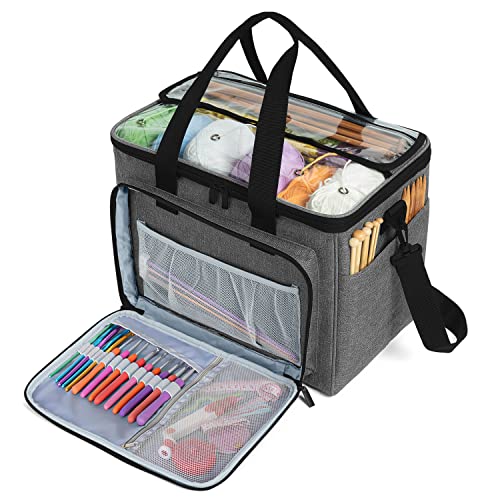 Teamoy Knitting Bag, Yarn Storage Organizer Crochet Bag Tote, Gray | Yarn Holder with Inner Divider(Sewn to Bottom) for Crochet Hook, Knitting Needles(Up to 14"), Project and Crocheting Supplies - color: Gray