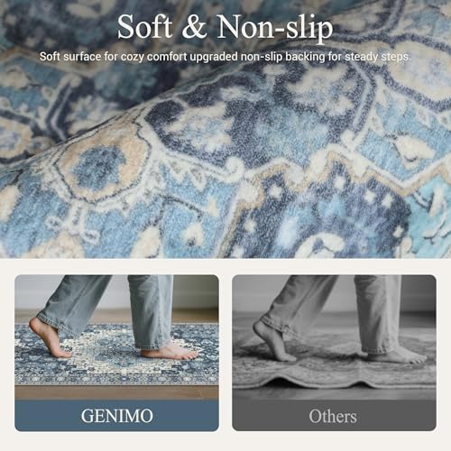 GENIMO Kitchen Rugs Set of 2, Washable Non Slip Cushioned Mats for Floor | 20"x32"&20"x59", Slate Blue vintage boho rug, soft faux cashmere, low pile, easy-clean for laundry, entryway, sink, farmhouse - color: Slate Blue, size: 20"x32"+20"x59"