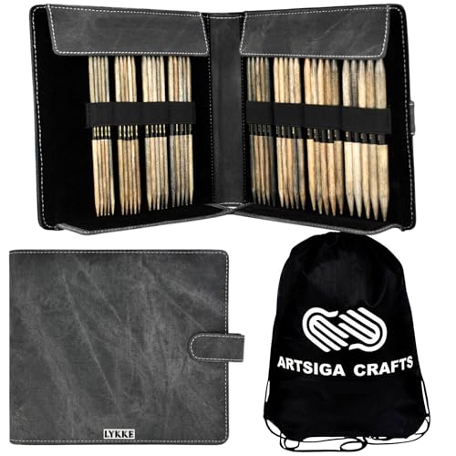 Lykke Driftwood Large 6-inch DPN Knitting Needles Set | Large US 6, 7, 8, 9, 10, 10.5, 11, 13 Grey Case, Birchwood Semi-Sharp Tips, Project Bag - color: Driftwood-with-Grey-Case