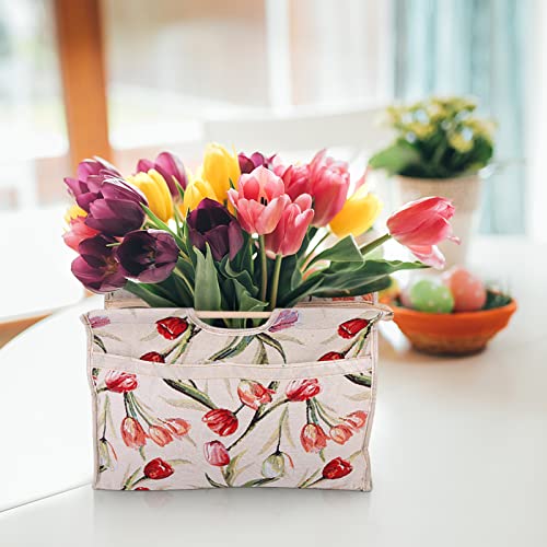 Knitting Tote Bag,Exquisite Practical Wood Handle Woven Fabric Storage Bag for Knitting Needles Sewing Tools(Red Flower) - color: Red Flower