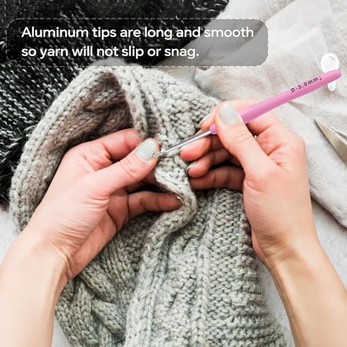 3mm Crochet Hook, Ergonomic Crochet Hook, Smooth and Extra Long Knitting Needles, with Soft Rubber Ergonomic Handle and Aluminum Tip, Perfect Beginner and Arthritic Crochet Hooks (3 mm) - size: 3mm