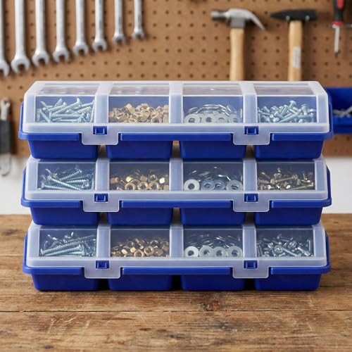 6 Pcs Screw Organizer Box with Lid, 4 Divider Compartments Tool Bin, Plastic Small Part Storage Screw Box for Garage Workbench Craft Storage Nails Bolt, Blue