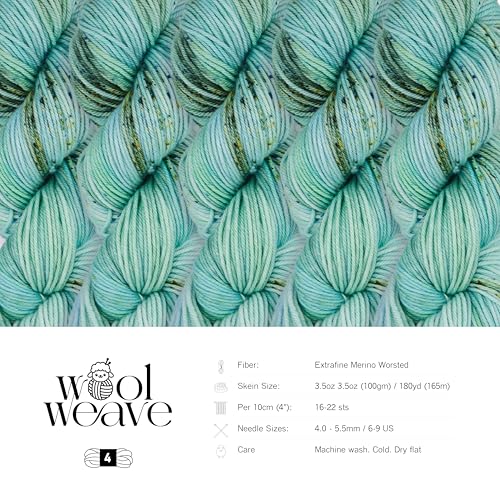 Woolweave Worsted Weight Yarn - 100% Extrafine Merino Wool Yarn for Knitting & Crocheting - Hand Dyed, Ultra-Soft & Warm - 100g Skein, 180 Yards - Machine Washable - color: Mint Sky