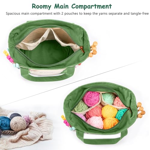 Canvas Yarn Storage Organizer Bag Washable Crochet Bag with Pockets for Yarn, Hooks, Needles – Travel Knitting Tote for Crafters – Gift for Crocheters & Knitters (Medium/Large) - color: Lime, size: Medium-12.5“