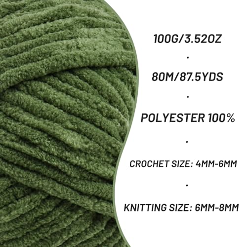 3 Pack Fluffy Chenille Yarn for Crocheting, Chunky Velvet Yarns for Crochet Amigurumi, Baby Yarn for Crocheting Soft Blanket, 262.4yds /10.5 oz Bulky Yarns for Crafts/Hats/Shoes/Socks (3 Army Green) - color: 3 Army Green