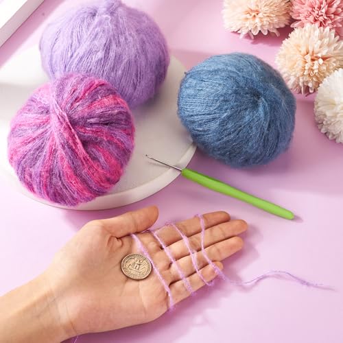 3 Balls Mohair Yarn for Crocheting Knitting Purple Wool Yarn Soft Fuzzy Mohair Knitting Yarns for Crochet DIY Garments Scarf Sweater Clothes Craft Projects - color: Purple