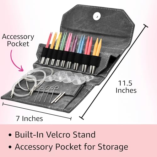 Lykke Colour 3.5-inch Interchangeable Circular Knitting Needle Set | Standard US 3, 4, 5, 6, 7, 8, 9, 10, 10.5 Grey Case, Birch Semi-Sharp Tips, Smooth Metal Joins, Swivel Cables, Project Bag - color: Colour-with-Grey-Suede-Case