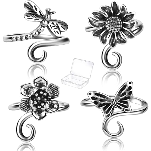 4 PCS Crochet Rings for Fingers Butterfly Flower Sunflower Dragonfly Yarn Tension Ring Knitting Accessories Crochet Gifts for Crocheters - color: Butterfly & Flower Crochet Rings Set