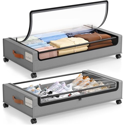 LAMU Under Bed Storage with Wheels, 2Pack Underbed Storage Containers, Grey | Smooth-rolling Wheels, Clear Lid & Label, Sturdy Metal Frame, Easy Install, Rolling Storage Drawers for Clothes, Shoes, Toys - color: Grey, size: 2 Pack
