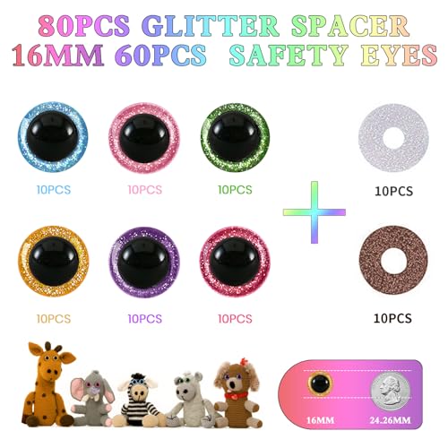 MUCUNNIA 120pcs 16mm Glitter Safety Eyes for Amigurumi with Washers | Upgraded Glitter Craft Crochet Eyes, Amigurumi Eyes for Crochet Animals, Ideal Gift for Crochet Lovers, DIY Craft Decorations - size: 16mm
