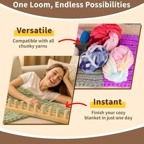 46" Chunky Blanket Loom – Adjustable Wooden Hand Knitting Loom, DIY Finger Knitting Loom Kit, No Needles Required Portable Weaving Loom for Bulky Blanket Making, Reusable Crochet Loom Crafts | Removable