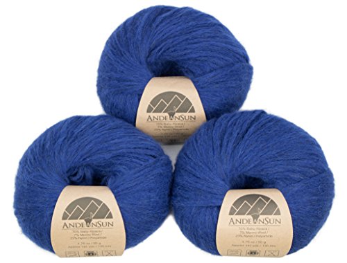 (Set of 3) Baby Alpaca Merino Wool Yarn [426 Yards Total] Lapis Lazuli Blue, #4 Worsted - color: Lapis Lazuli Blue