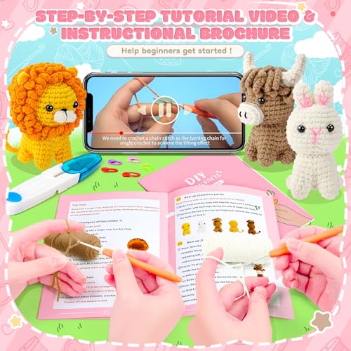 Fortuning's JDS Crochet Kit for Beginners, Amigurumi Crochet Animal Kits, Crocheting Kit for Starters Adult with Step-by-Step Video Tutorials, Animal Kits with Highland Cow, Lion, Bunny - color: Brown Orange white