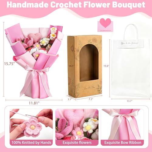 TORONTOKYO Crochet Flower Bouquet, Pink Crochet Bouquet for Women, 18 PCS | Handmade Knitted Flowers with Gift Card for Valentine's Day, Mother's Day, Graduation, Birthday Gifts - color: Pink