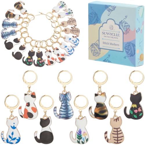 SUNNYCLUE 1 Box 8 Styles Cute Stitch Marker Cat Crochet Markers Enamel Print Cats Locking Clasps Rings Knitting Charms for Jewelry Making Charms Handmade Accessories Weaving Supplies Women Adult Gifts - style: Cat 4