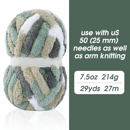 Maboozo Tie Dye Chunky Yarn 8 Pack, Grey, Green, White Fluffy Jumbo Chenille, Soft Plush Bulky, Giant Thick Fuzzy Yarn for Crocheting, Hand Knitting or Arm Knitting (26 yds, 7.5 oz Each) - color: Grey,Green,White,Khaki