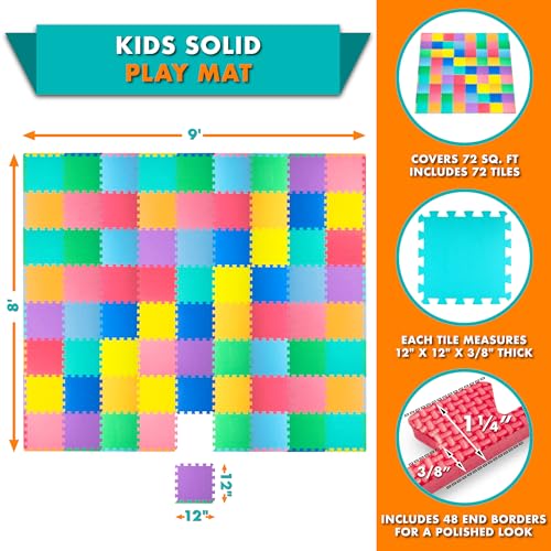 ProSource Baby Play Mat, Soft Foam Floor Tiles for Kids, Interlocking EVA Panels for Playpen Use, Crawling Development Surface, Safe Non-Toxic Toddler Flooring, 72 Tiles, Multicolor - size: 72 Tiles