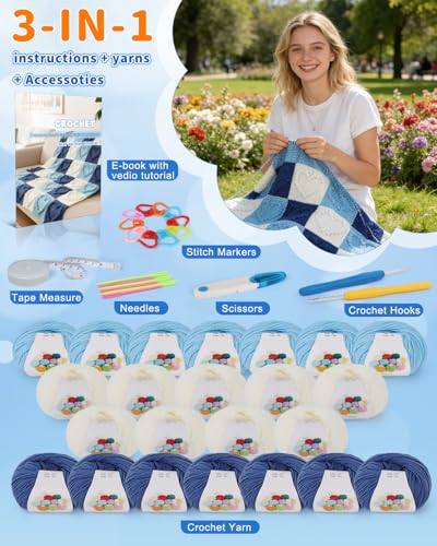 Coopay Crochet Kit for Beginners, 3D Heart Granny Square Blanket Kit, Set B | Complete Bobble Stitch Crochet Blanket Kit with Video Tutorial, Easy DIY Crochet Kit for Adults, Ideal Crochet Gift - color: Blue/White Heart-Shaped