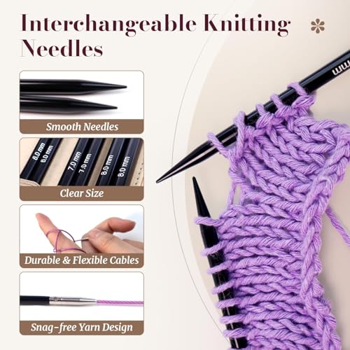 Yarniss 15 Pairs Interchangeable Circular Knitting Needle Combo with Case | 4.5-Inch Round Aluminum Knitting Needle 3.0~8.0mm & 2.16-Inch Shorties Needles US Size 2.5-10 - color: Brown