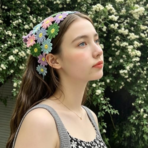 Crochet Triangle Hairband, Daisy Flower Head Scarf for Girls, Floral Design Knitted Headband Headscarf for Women, Crochet Hair Bandana Kit - color: flower