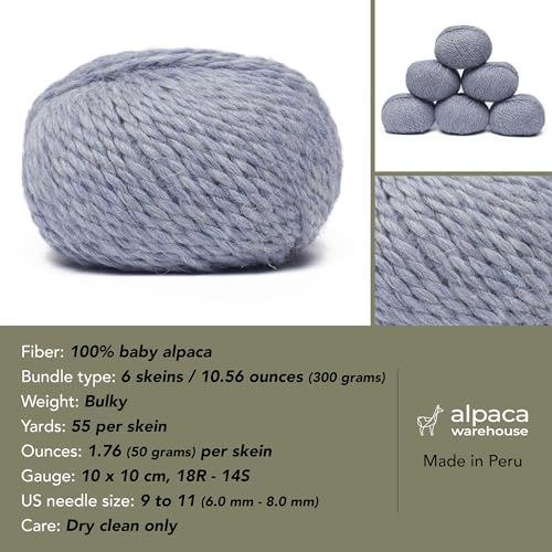 100% Baby Alpaca Yarn 6 Skeins 300g Bulky Weight Knitting Crochet H.S. Blue | Made in Peru with natural warmth and softness featuring 324yd of premium fiber ideal for scarves shawls sweaters and more - color: Heather Sky Blue, size: Bulky - 6 Skeins
