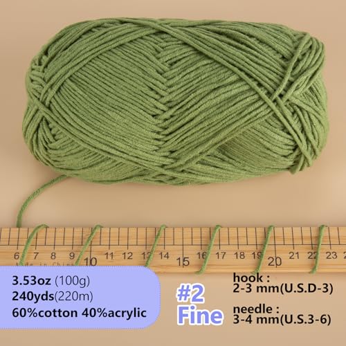 LUCKY BALL Milk Cotton Yarn, 100g / 240 yd 60% Cotton 40% Acrylic #2 Fine Sport Yarn, Soft Crochet & Knitting Yarn for Amigurumi Dolls, Baby Items, Flowers, Hats, Sweaters, Blankets (Army Green) - color: 1Army Green