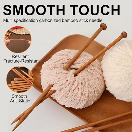 yeloumiss 7 Pairs Bamboo Knitting Needles Set Long Wooden Knitting Needles | Single Point (4-10mm) Bamboo Natural Straight Wood Needle for Beginners Sweater Shawl Scarf