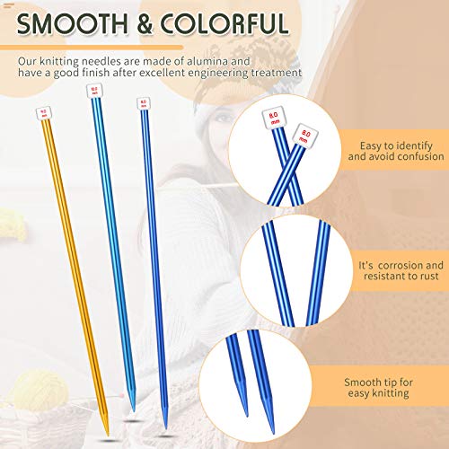 6 Pieces/ 3 Pairs Aluminum Straight Knitting Needles Set, 8 mm, 9 mm and 10 mm,14 Inch Single Point Knitting Needles, Color Extra Long Sweater Straight for DIY Projects