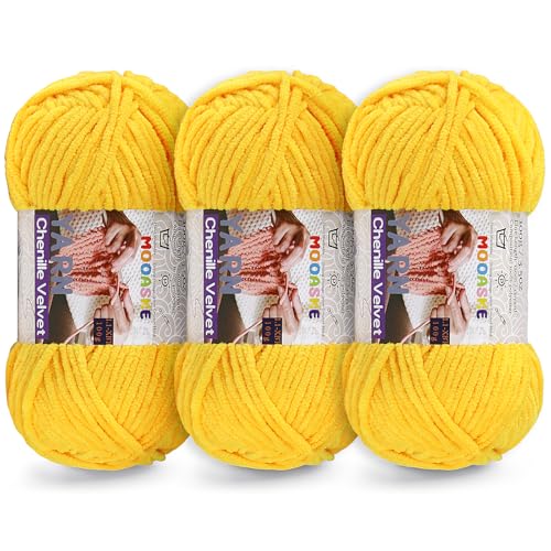 Mooaske Chenille Yarn for Crocheting, 300g/393yds Fluffy Baby Blanket Yarn | Soft plush thick chenille yarn for crocheting. 300g/393yd total. Ideal for baby blankets, amigurumi, scarves & home decor. - color: Turmeric