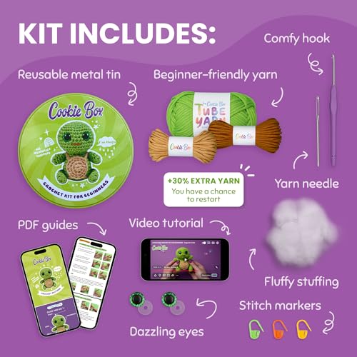 Cookie Box Crochet Kit for Beginners, Turtle Hugo | All Materials Included, Step-by-Step Video Tutorials, PDF Patterns, Easy DIY Craft, Amigurumi and Knitting Gift Set - color: Green