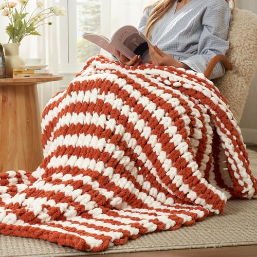 Chunky Knit Throw Blanket for Couch 50"x60", Burnt Orange & White Striped | Handmade Chenille Crochet Throw for Sofa Bed, Thick Cable Knitted Blankets for Room Home Decor, Birthday Gift for Women - color: Burnt Orange/White Stripe, size: 50"x60"