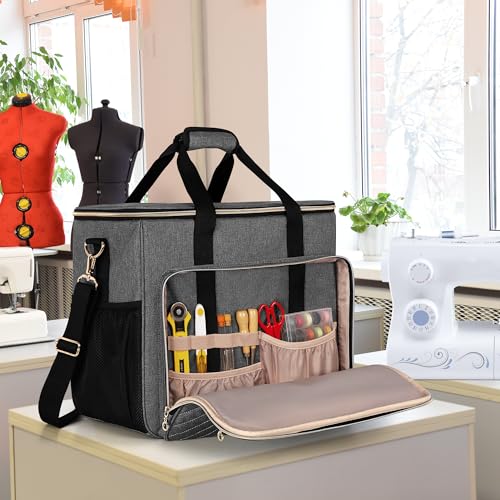 LUXJA Sewing Machine Case with Multiple Pockets, Gray | Sewing Machine Bag Compatible with Most Standard Brother, Singer, Janome, Detachable Shoulder Strap, Trolley Sleeve - color: Gray