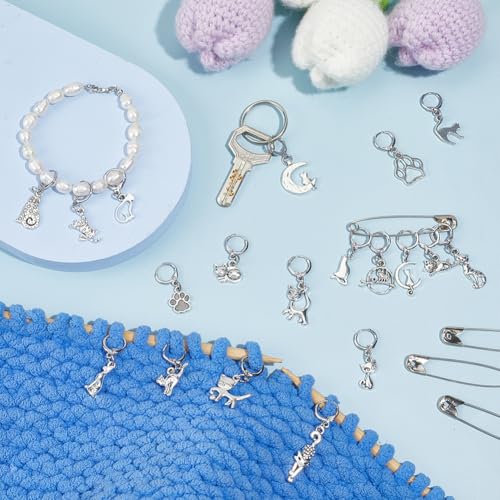 PH PandaHall 20 Styles Cat Stitch Markers with 4PCS Safety Pins Paw Print Moon Crochet Stitch Marker Charms Antique Silver Kitten Knitting Locking Marker for Weaving Quilting Sewing Jewelry Making - color: Antique Silver