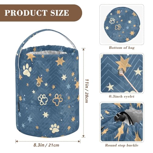 Fustylead Beautiful Shooting Stars and Paw Prints Yarn Knitting Crochet Drawstring Bag with Customized Front Compartment, Portable Large Storage Basket for Crocheting Project, Kit, Yarn Ball, Needles - color: Blue03 Stars and Paw Prints
