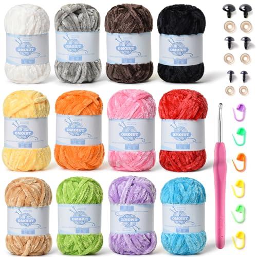12 Pack 590 (yd) Chunky Chenille Yarn for Crocheting and Hand Knitting with Black Red White Green Yellow Orange Plush Velvet Yarn，Baby Blanket Yarn for Crocheting Soft Amigurumi Yarn - color: A
