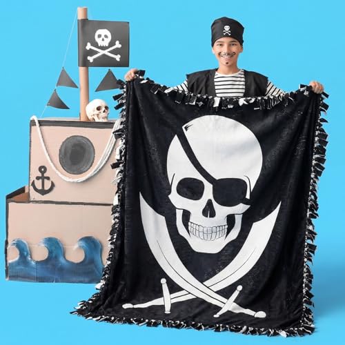 Chumia 2 Pcs/1 Set Pirate Tie Blankets Craft Kit 57 x 57 Inch Jolly Roger DIY No Sew Fleece Blanket Skull No Sew Fabric Grunge Skeleton Tie Knot Throw Craft Gift for Pirate Themed Birthday Party Favor - style: Skull
