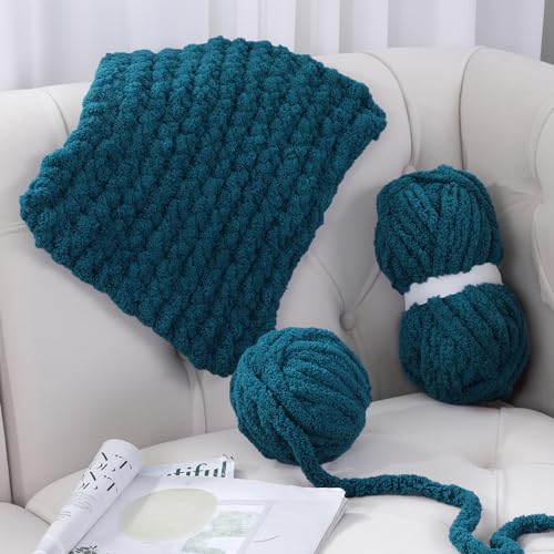 Hombys Indigo Chunky Chenille Yarn for Hand Knitting & Crocheting - Super Bulky Big Yarn for Chunky Blanket - color: Indigo