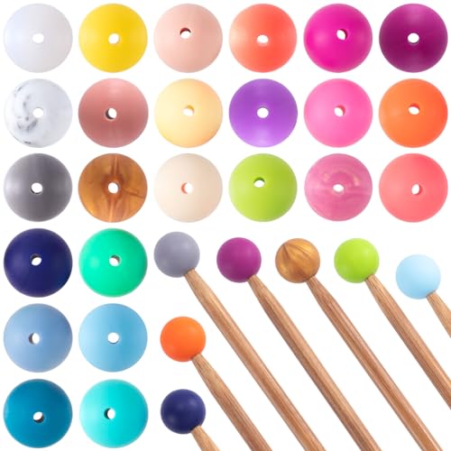 Mxxipp 24Pcs Beads Knitting Needle Stoppers,15mm Macaron Round Silicone Knitting Needle Point Protectors,Knitting Tool for Knitting Needle Caps,Needle Tip Cover - color: 24pcs-Multicolor