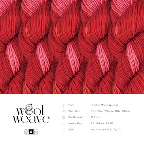 Woolweave Worsted Weight Yarn - 100% Extrafine Merino Wool Yarn for Knitting & Crocheting - Hand Dyed, Ultra-Soft & Warm - 100g Skein, 180 Yards - Machine Washable - color: Berry Bowl