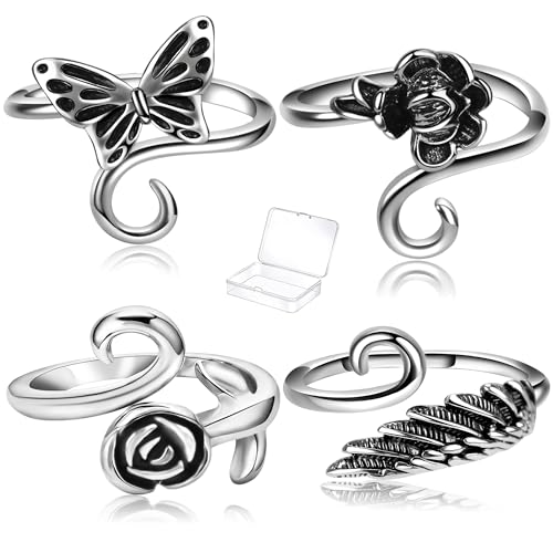 4 Pieces Crochet Ring for Finger Adjustable Yarn Tension Rings for Crocheting Yarn Guide Knitting Rings Crochet Tools - color: Rose & Butterfly & Feather Crochet Rings Set