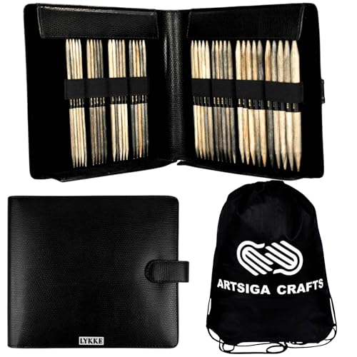 Lykke Driftwood Large 6-inch DPN Knitting Needles Set | Large US 6, 7, 8, 9, 10, 10.5, 11, 13 Black Case, Birchwood Semi-Sharp Tips, Project Bag - color: Driftwood-with-Black-Case
